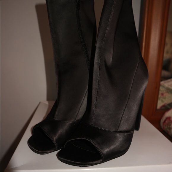 Black Satin Open Toed Heels - Picture 2 of 9